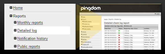 Detailed log in the Pingdom control panel