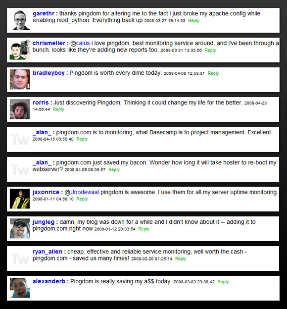 Twitter messages about Pingdom