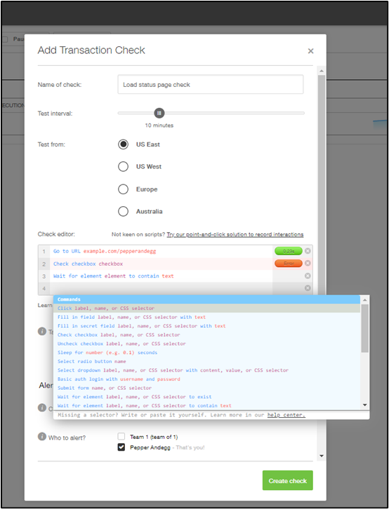 A transaction check in Pingdom.