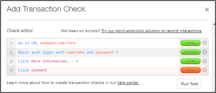 The user adds a transaction check using the check editor feature in Pingdom.